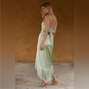 12th Tribe Sage Green Satin Fringe Formal Wedding Guest Dress